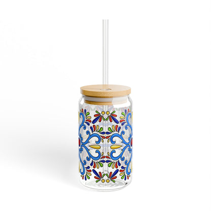 Colorful Folk Mosaic Glass Cup with Lid & Straw