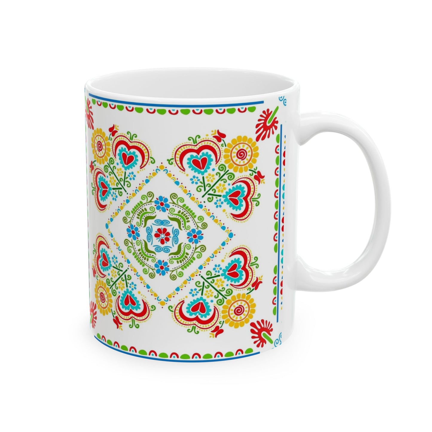 Floral Folk Art Ceramic Mug — Colorful Scandinavian-Inspired Pattern (11oz, 15oz)