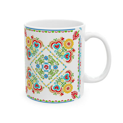 Floral Folk Art Ceramic Mug — Colorful Scandinavian-Inspired Pattern (11oz, 15oz)