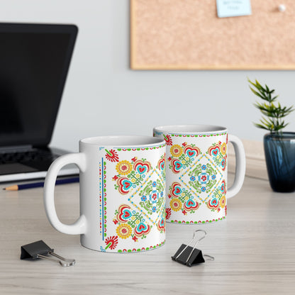 Floral Folk Art Ceramic Mug — Colorful Scandinavian-Inspired Pattern (11oz, 15oz)