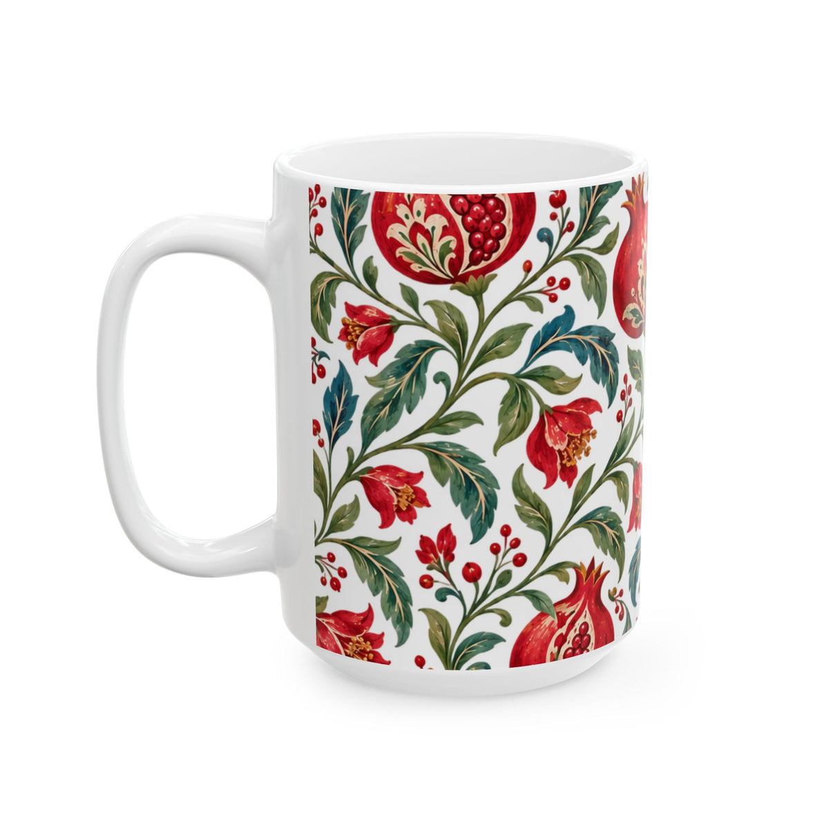 Pomegranate Floral Ceramic Mug — Red & Green Botanical Pattern (11oz, 15oz)