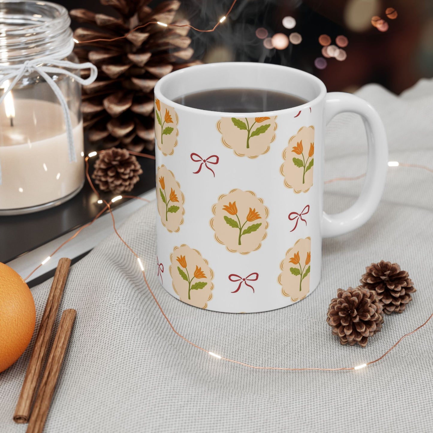 Floral Medallion Ceramic Mug — Vintage Orange Tulip Pattern (11oz & 15oz)