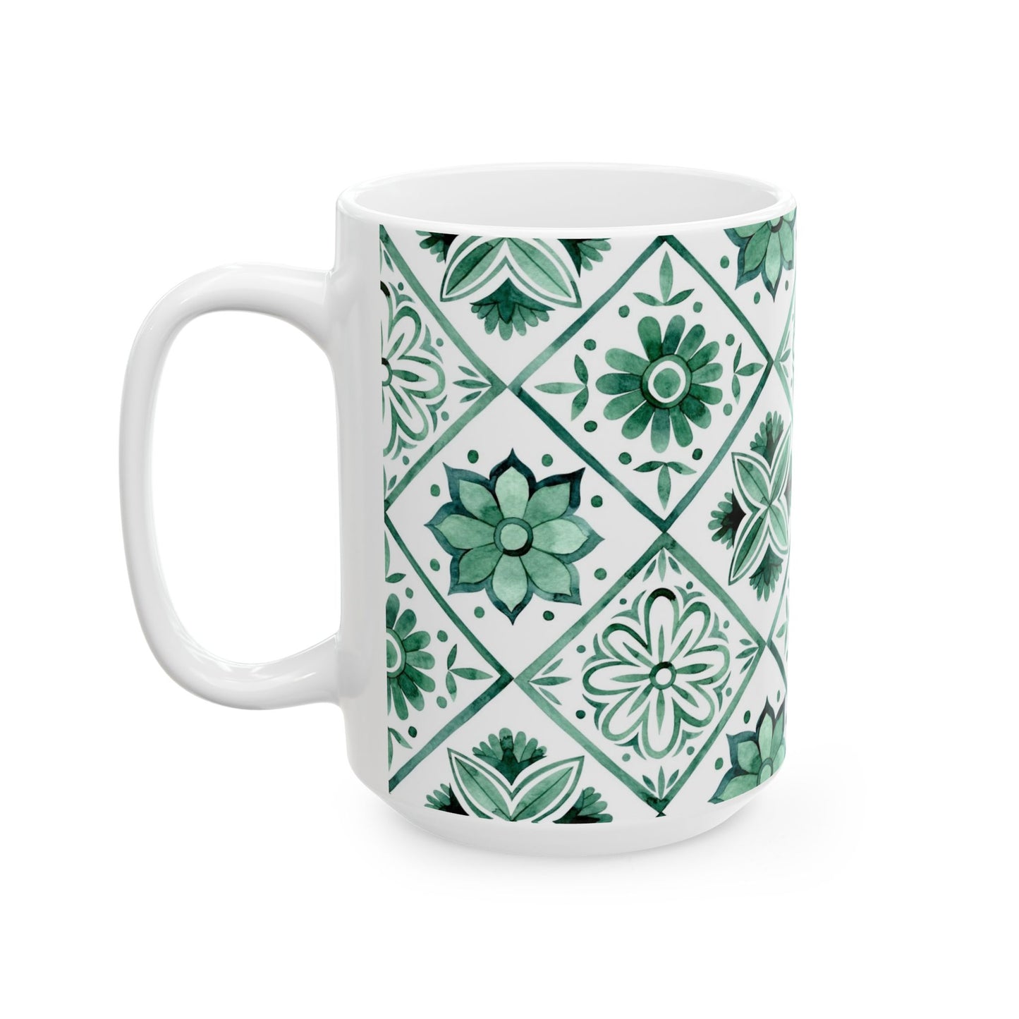 Green Tile Pattern Ceramic Mug — Boho Floral Moroccan-Style 11oz & 15oz