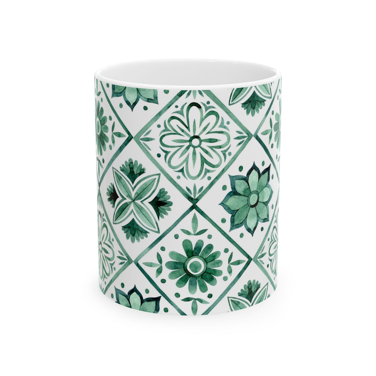 Green Tile Pattern Ceramic Mug — Boho Floral Moroccan-Style 11oz & 15oz