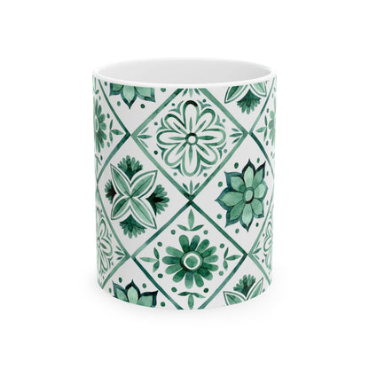 Green Tile Pattern Ceramic Mug — Boho Floral Moroccan-Style 11oz & 15oz