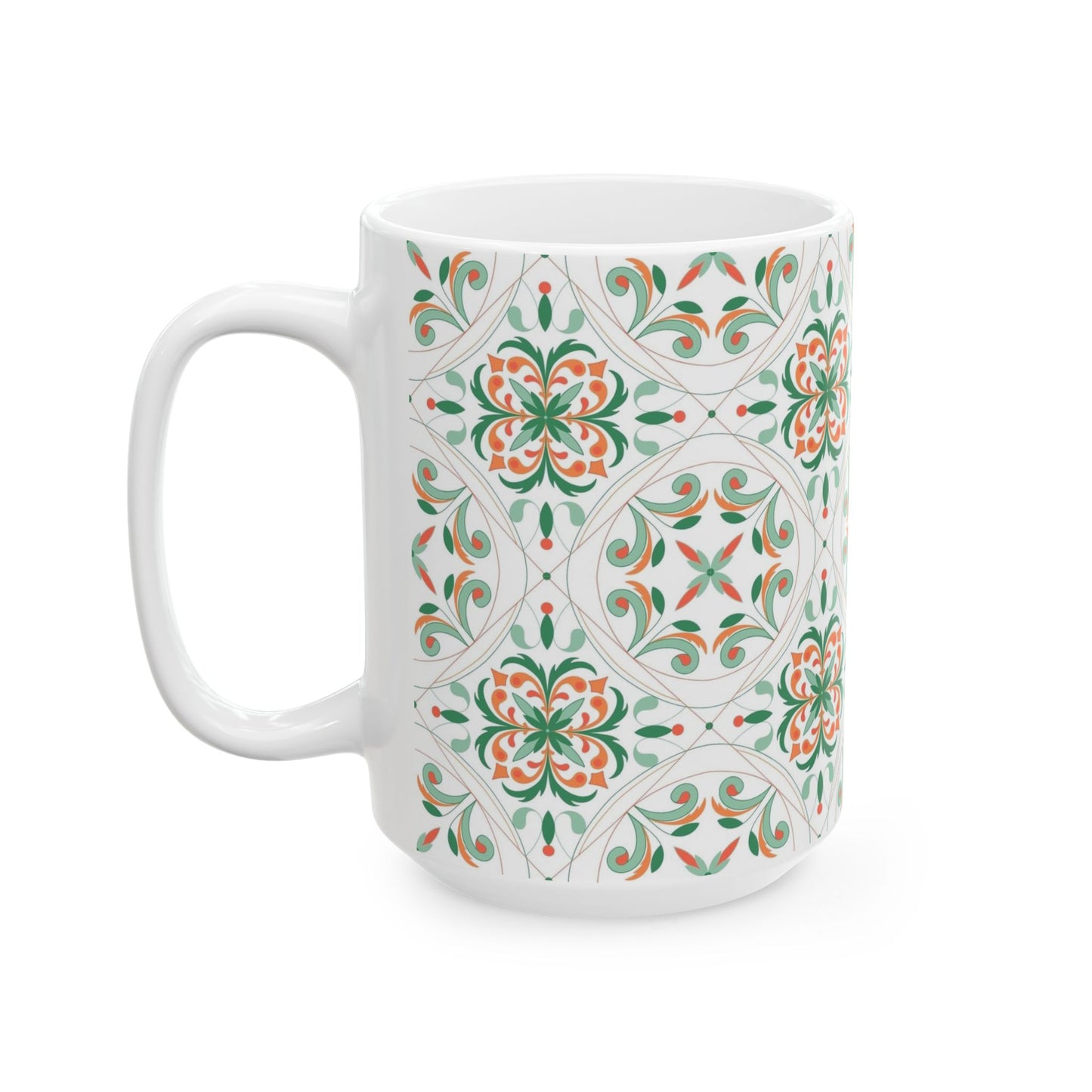 Moroccan Tile Pattern Ceramic Mug – Green & Coral Floral 11oz/15oz