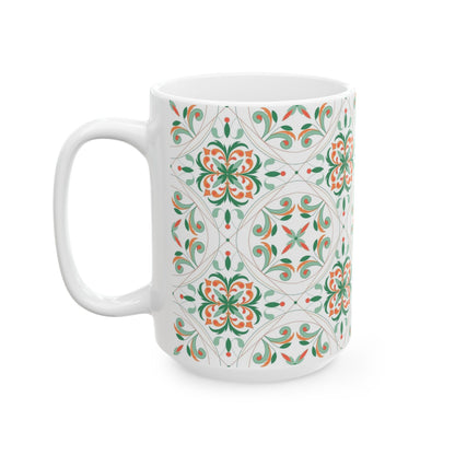 Moroccan Tile Pattern Ceramic Mug – Green & Coral Floral 11oz/15oz
