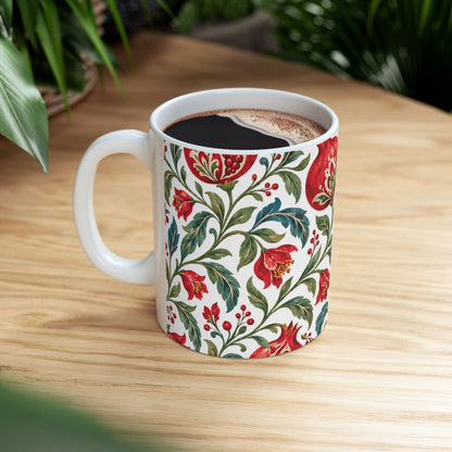 Pomegranate Floral Ceramic Mug — Red & Green Botanical Pattern (11oz, 15oz)