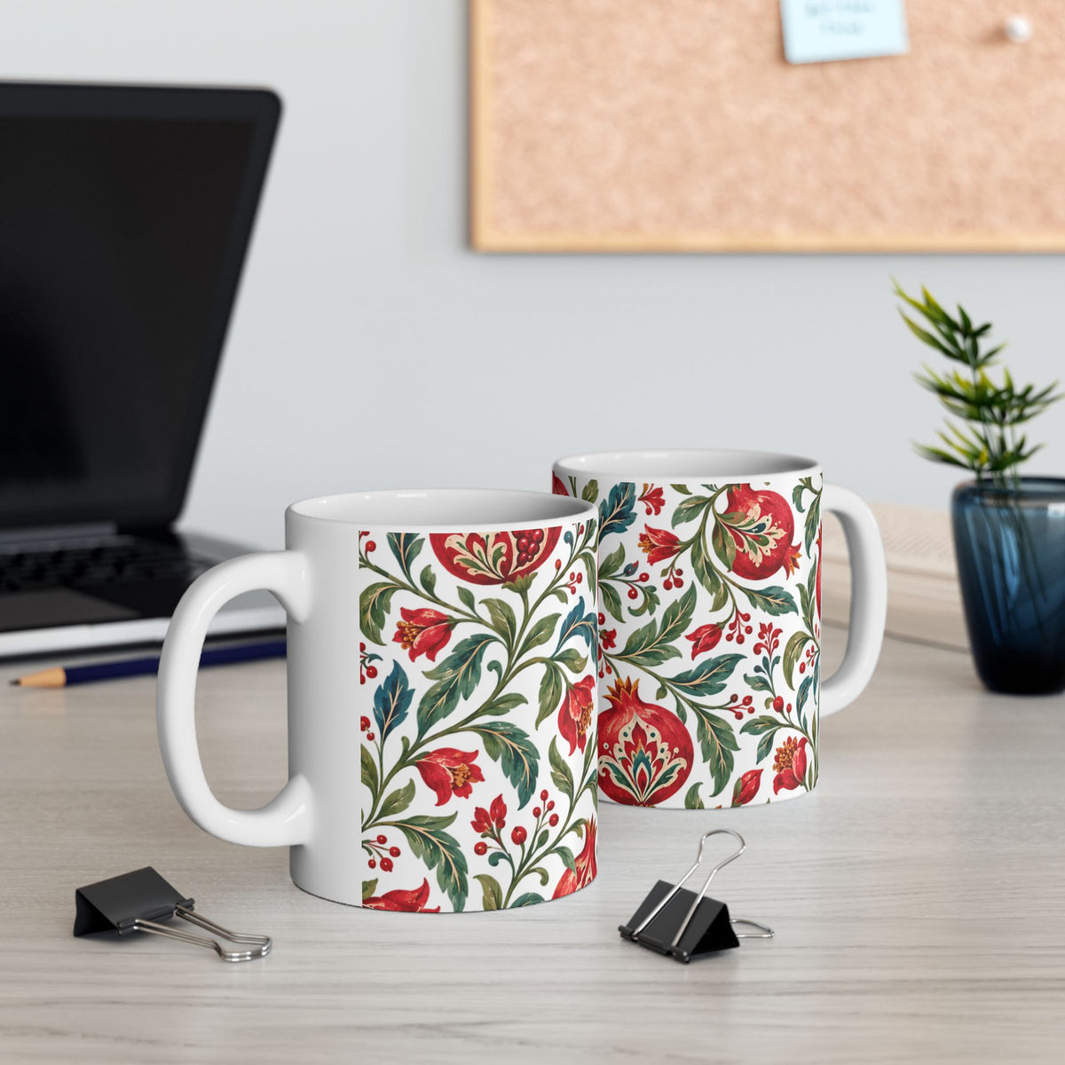 Pomegranate Floral Ceramic Mug — Red & Green Botanical Pattern (11oz, 15oz)