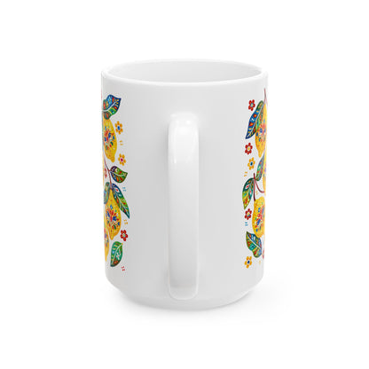 Lemon Blossom Ceramic Mug — Colorful Floral Fruit Pattern (11oz, 15oz)