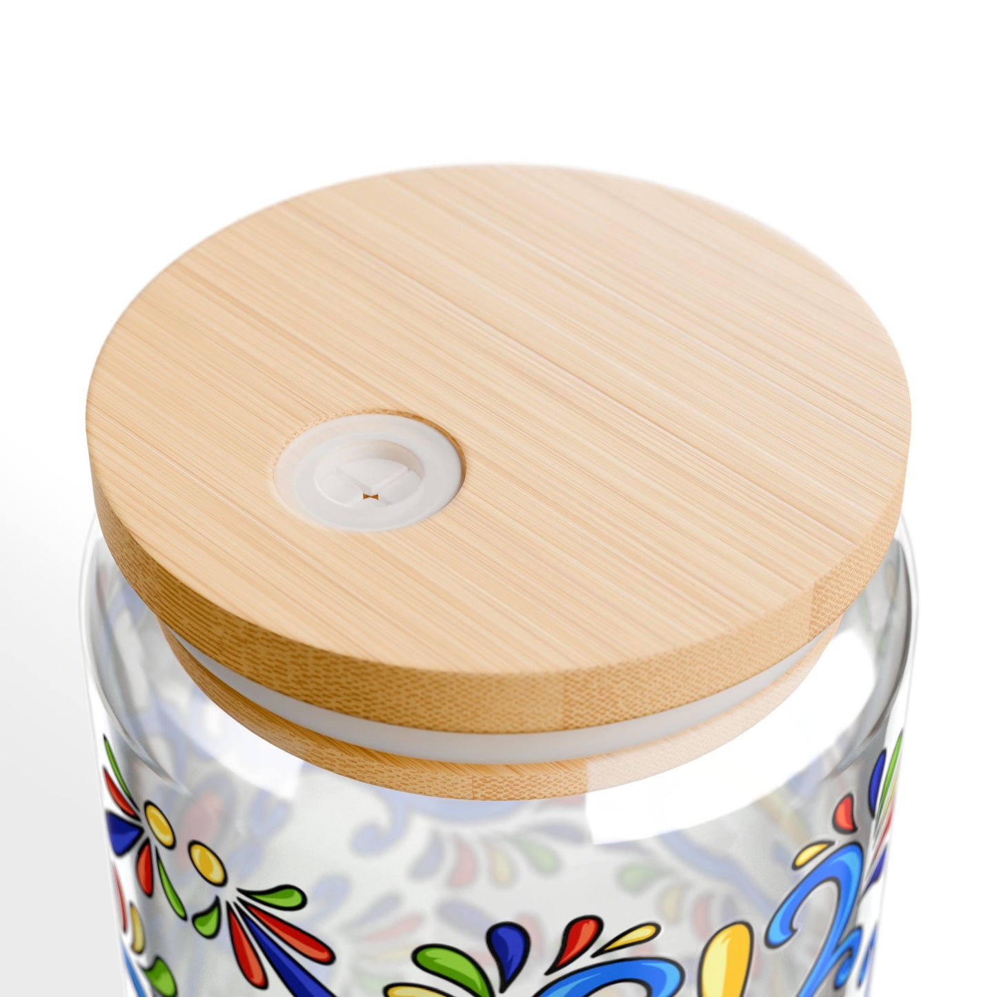 Colorful Folk Mosaic Glass Cup with Lid & Straw