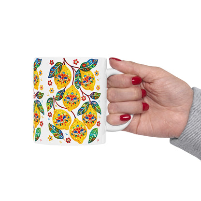Lemon Blossom Ceramic Mug — Colorful Floral Fruit Pattern (11oz, 15oz)