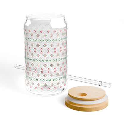 Red Green Ikat Glass Cup with Lid & Straw
