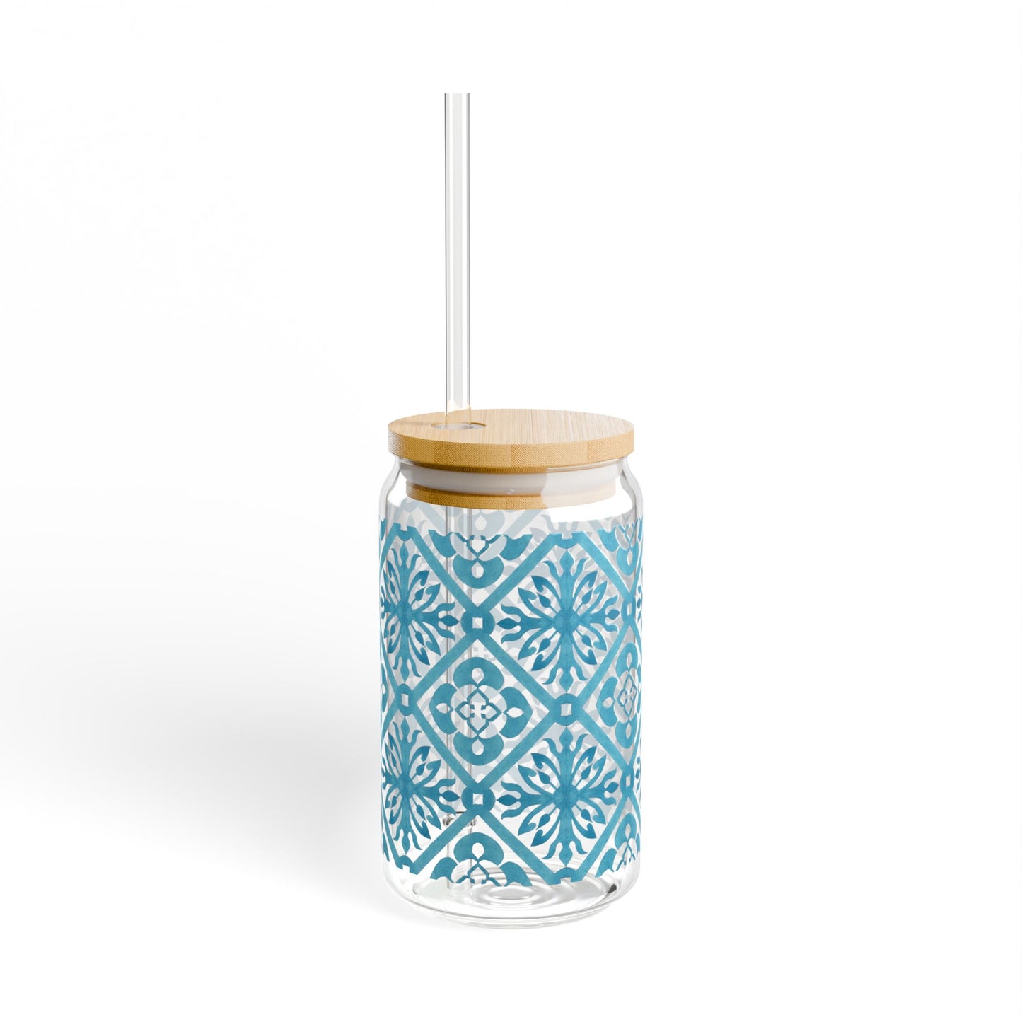Blue Moroccan Tile Glass Cup with Lid & Straw