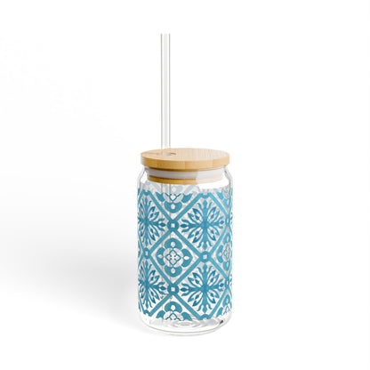 Blue Moroccan Tile Glass Cup with Lid & Straw