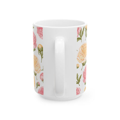 Floral Peony Ceramic Mug – Pink & Peach Vintage Flower Coffee Cup (11oz/15oz)