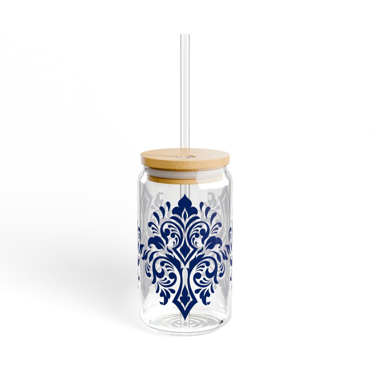 Royal Blue Damask Glass Cup with Lid & Straw – 16oz Vintage Aesthetic Drinkware