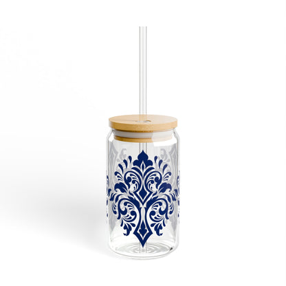 Royal Blue Damask Glass Cup with Lid & Straw – 16oz Vintage Aesthetic Drinkware