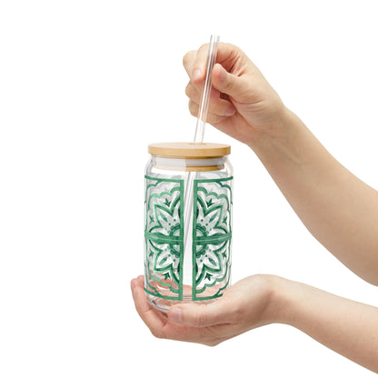 Emerald Moroccan Tile Glass Cup with Lid & Straw – 16oz Aesthetic Vintage Drinkware