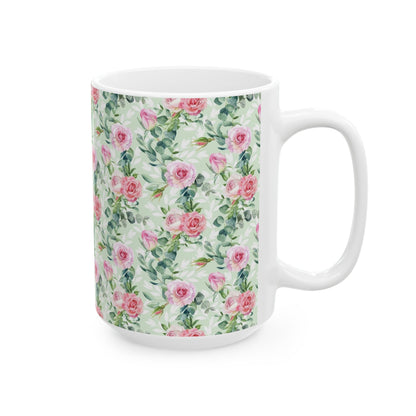Floral Rose Watercolor Ceramic Mug — Pink Garden Pattern (11oz & 15oz)