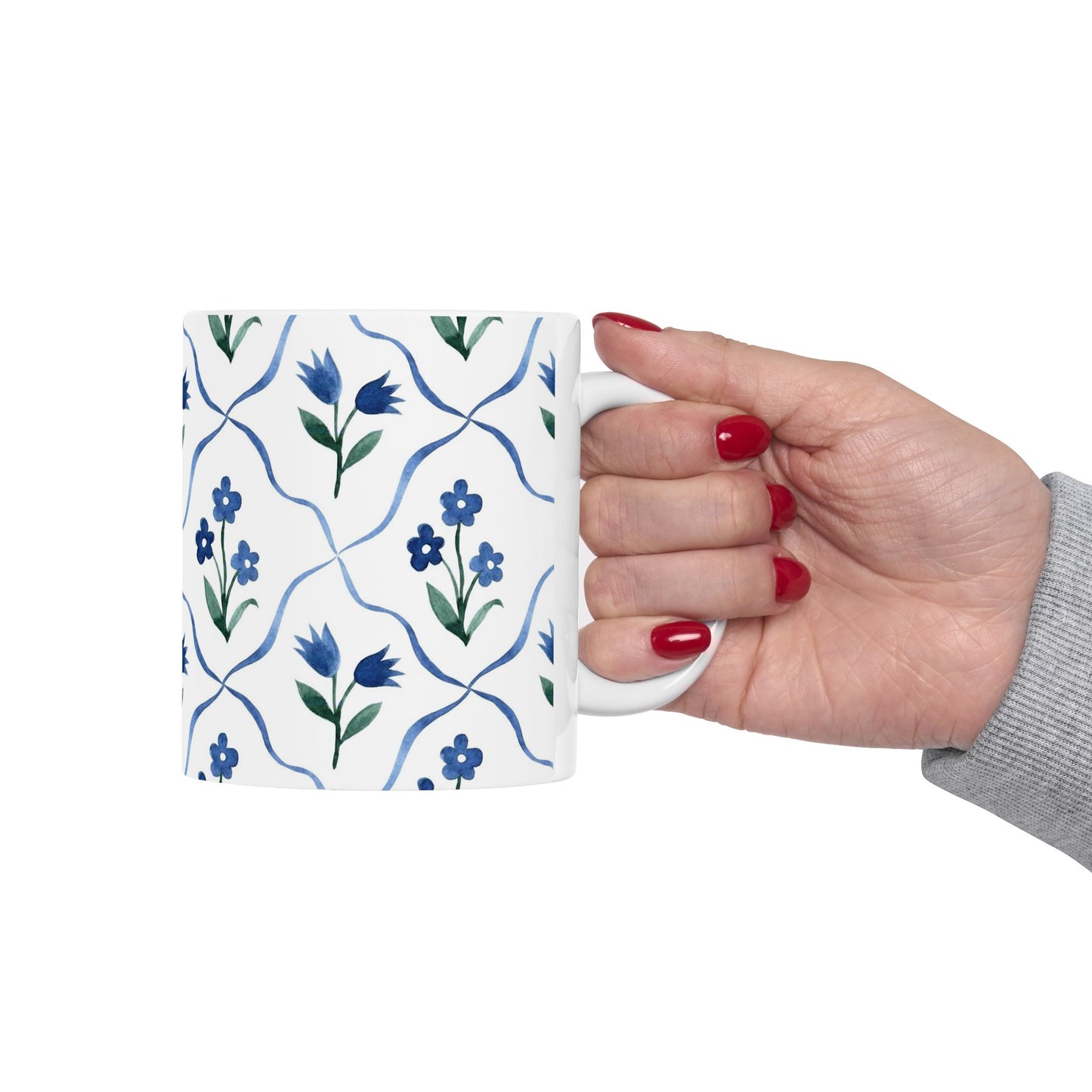 Blue Floral Ceramic Mug — Handpainted Tile Pattern (11oz & 15oz)