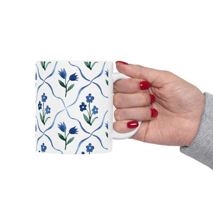 Blue Floral Ceramic Mug — Handpainted Tile Pattern (11oz & 15oz)
