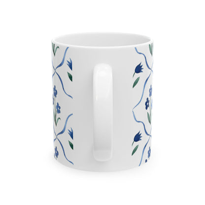 Blue Floral Ceramic Mug — Handpainted Tile Pattern (11oz & 15oz)