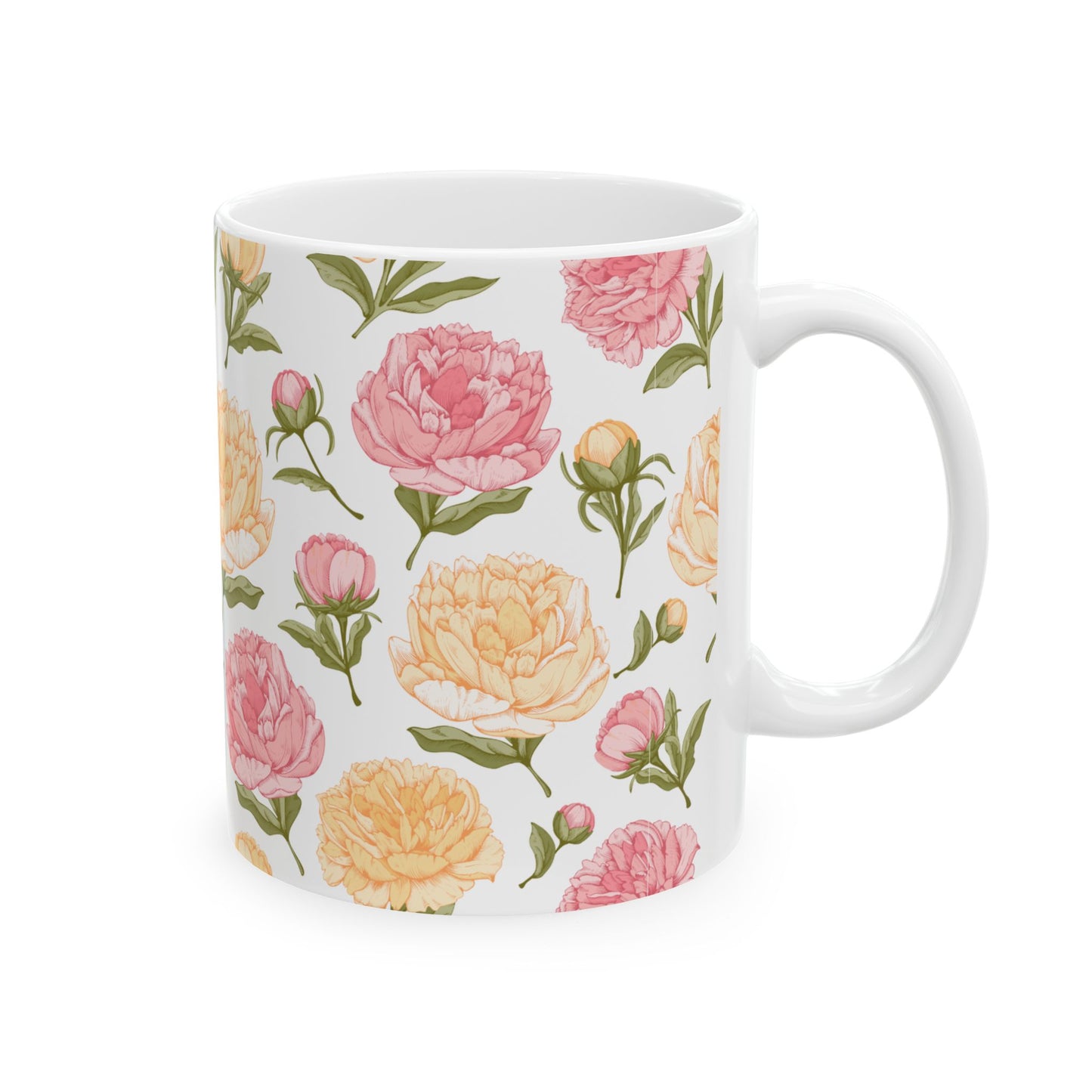 Floral Peony Ceramic Mug – Pink & Peach Vintage Flower Coffee Cup (11oz/15oz)