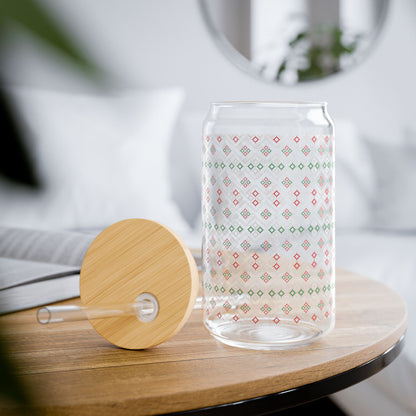Red Green Ikat Glass Cup with Lid & Straw