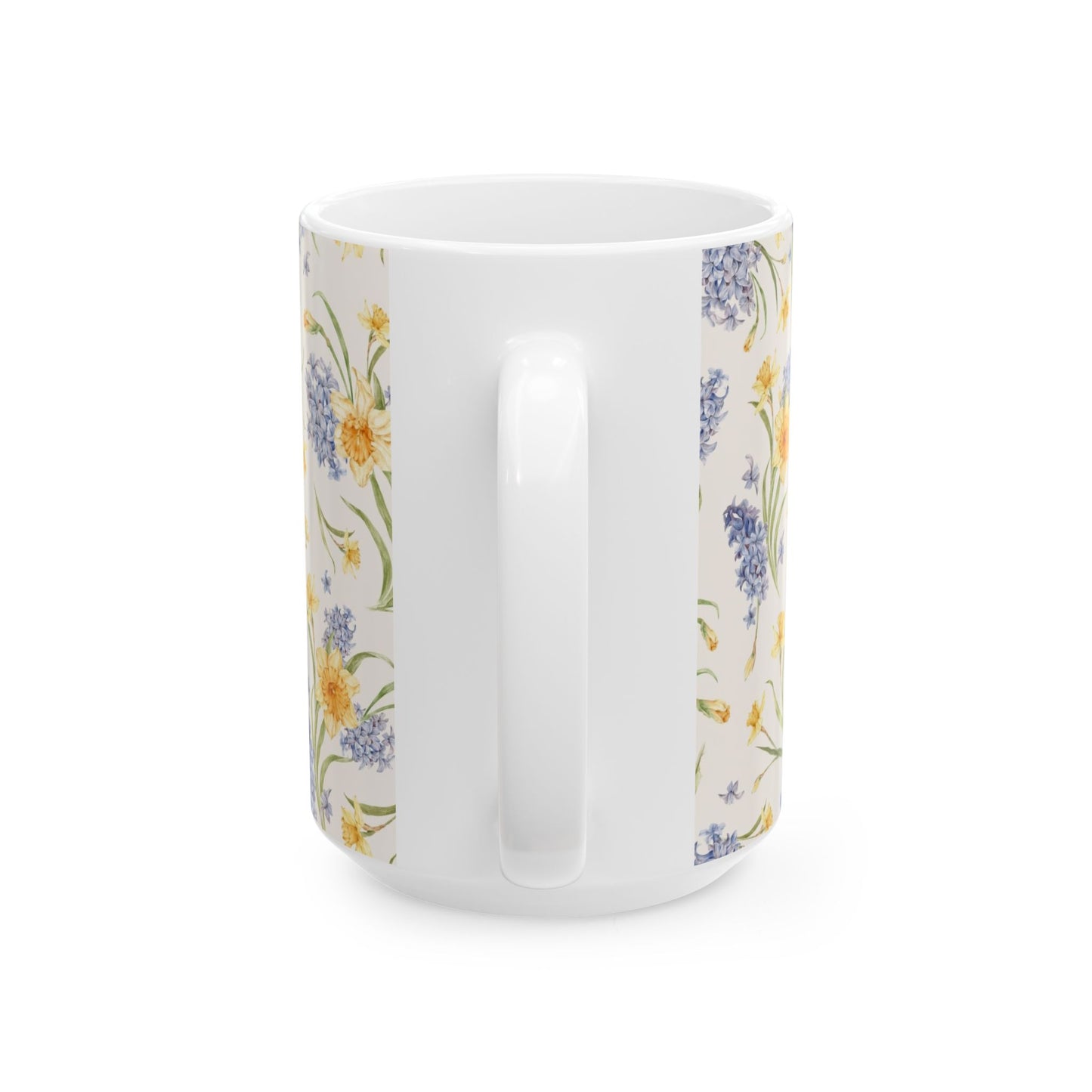 Floral Spring Bouquet Ceramic Mug — Blue Hyacinth & Yellow Daffodil 11oz/15oz