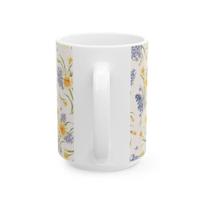 Floral Spring Bouquet Ceramic Mug — Blue Hyacinth & Yellow Daffodil 11oz/15oz