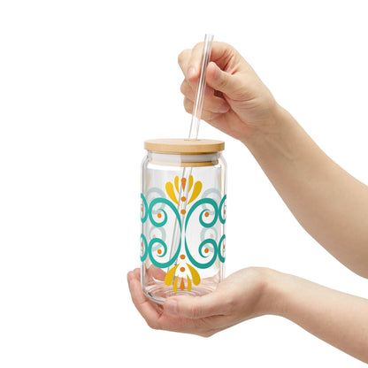 Turquoise Floral Glass Cup with Lid & Straw