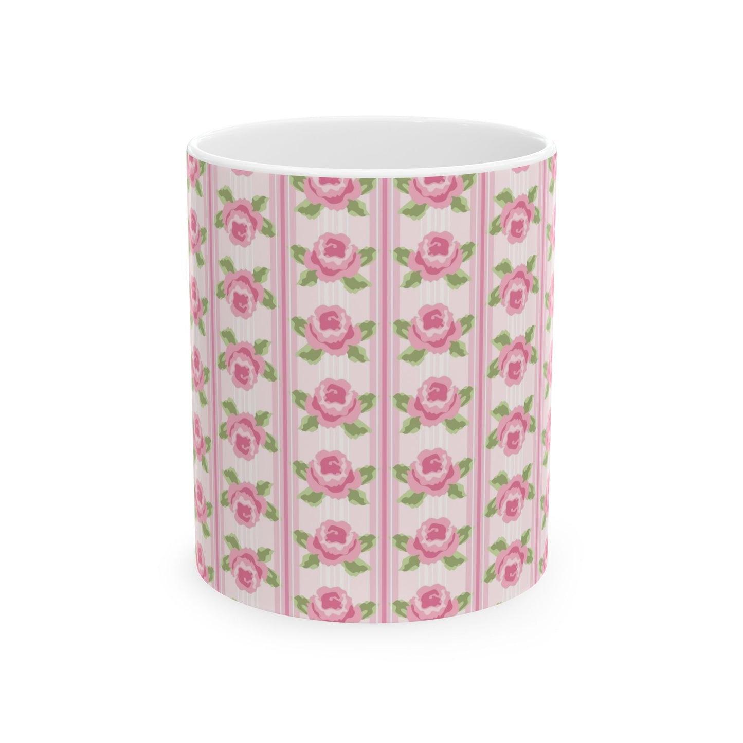 Pink Rose Stripe Ceramic Mug — Floral Vintage Tea Coffee Cup (11oz & 15oz)