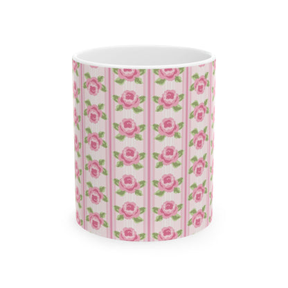 Pink Rose Stripe Ceramic Mug — Floral Vintage Tea Coffee Cup (11oz & 15oz)