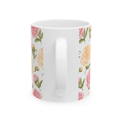 Floral Peony Ceramic Mug – Pink & Peach Vintage Flower Coffee Cup (11oz/15oz)