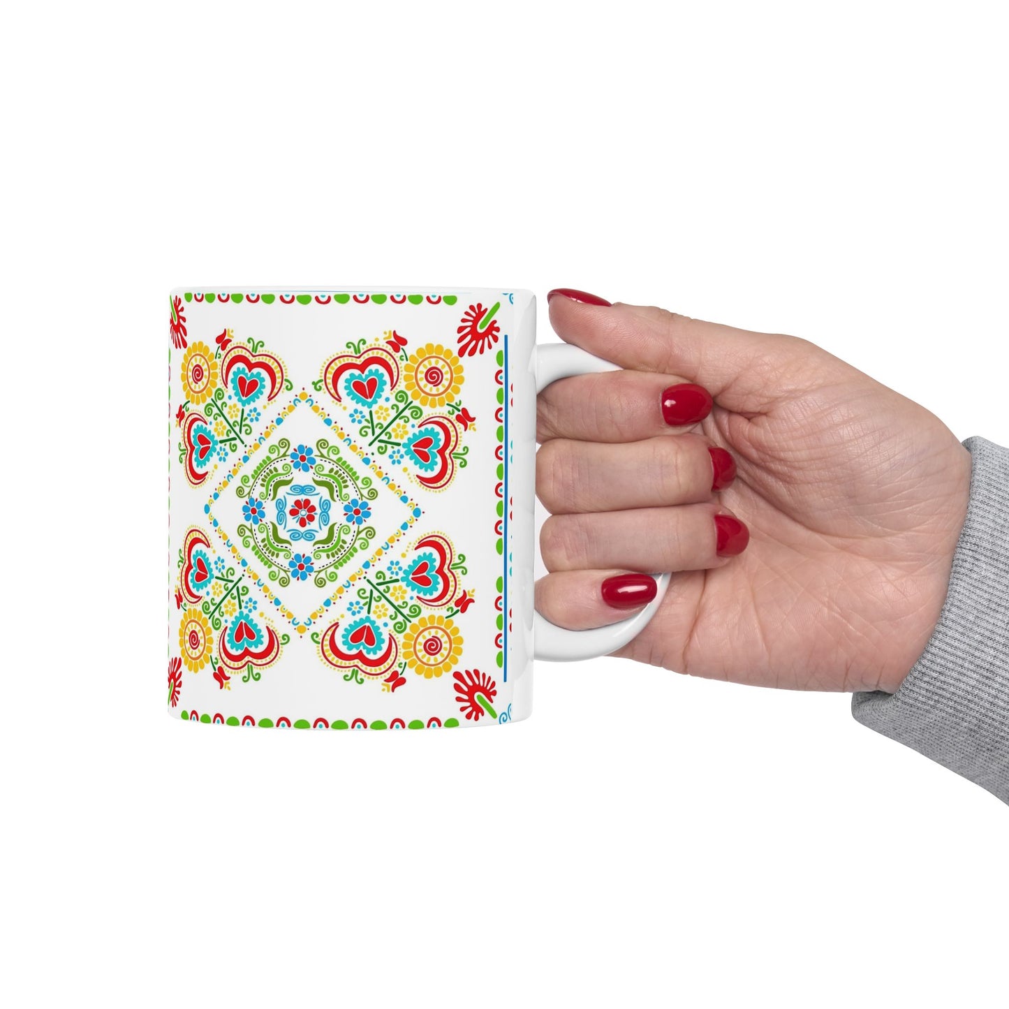 Floral Folk Art Ceramic Mug — Colorful Scandinavian-Inspired Pattern (11oz, 15oz)