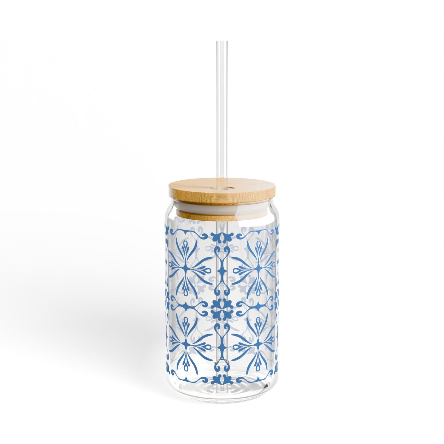 Blue Ornamental Glass Cup with Lid & Straw – 16oz Vintage Floral Drinkware