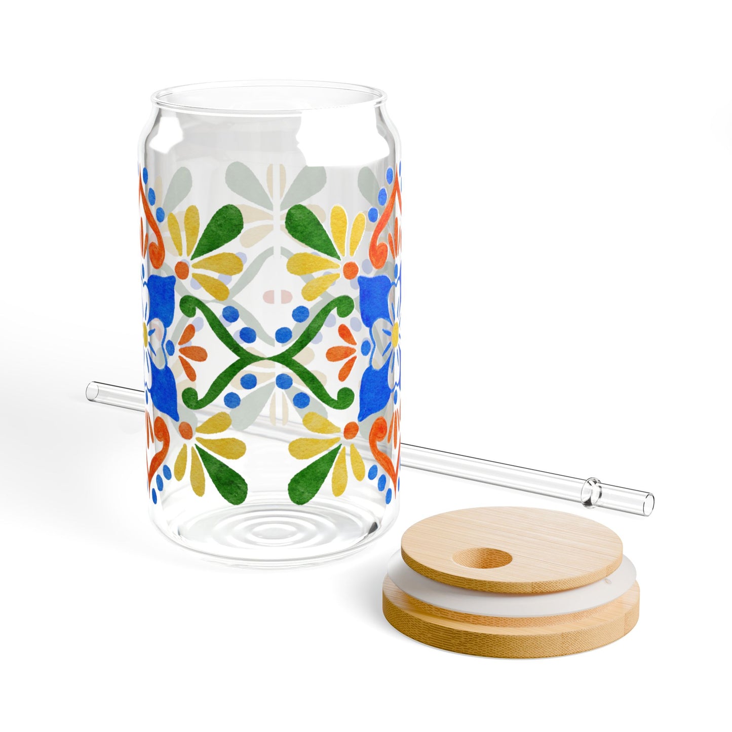 Colorful Mediterranean Floral Glass Cup with Lid & Straw