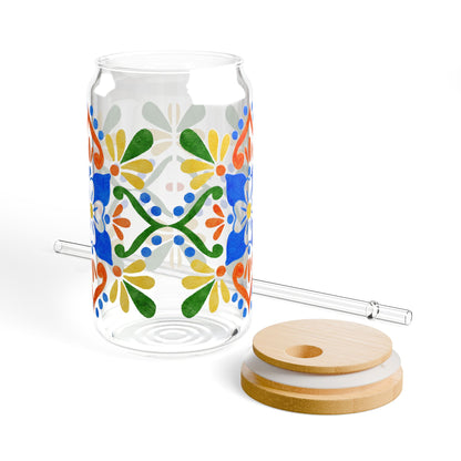 Colorful Mediterranean Floral Glass Cup with Lid & Straw