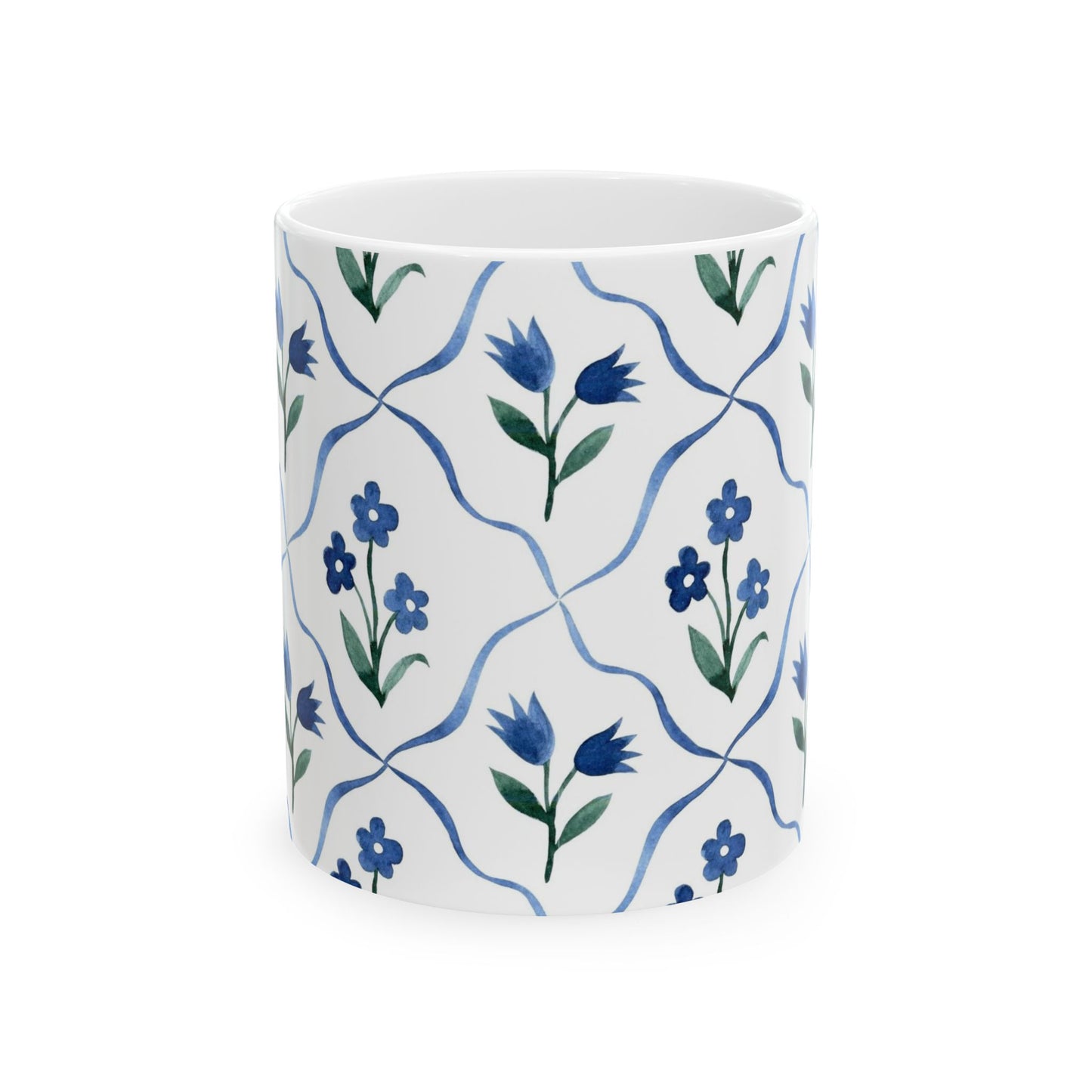 Blue Floral Ceramic Mug — Handpainted Tile Pattern (11oz & 15oz)