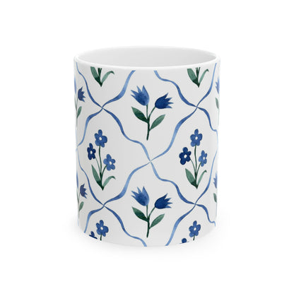 Blue Floral Ceramic Mug — Handpainted Tile Pattern (11oz & 15oz)