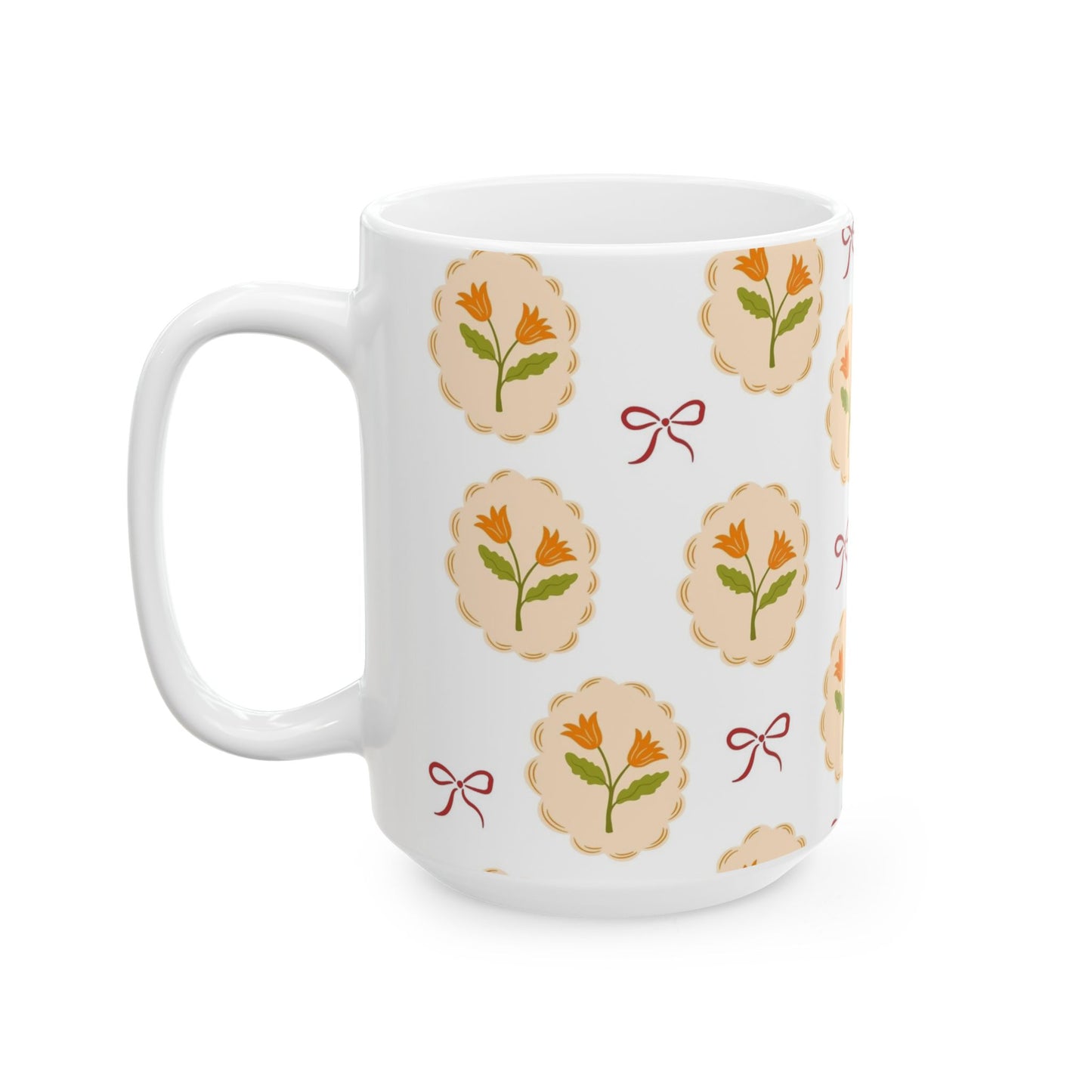 Floral Medallion Ceramic Mug — Vintage Orange Tulip Pattern (11oz & 15oz)
