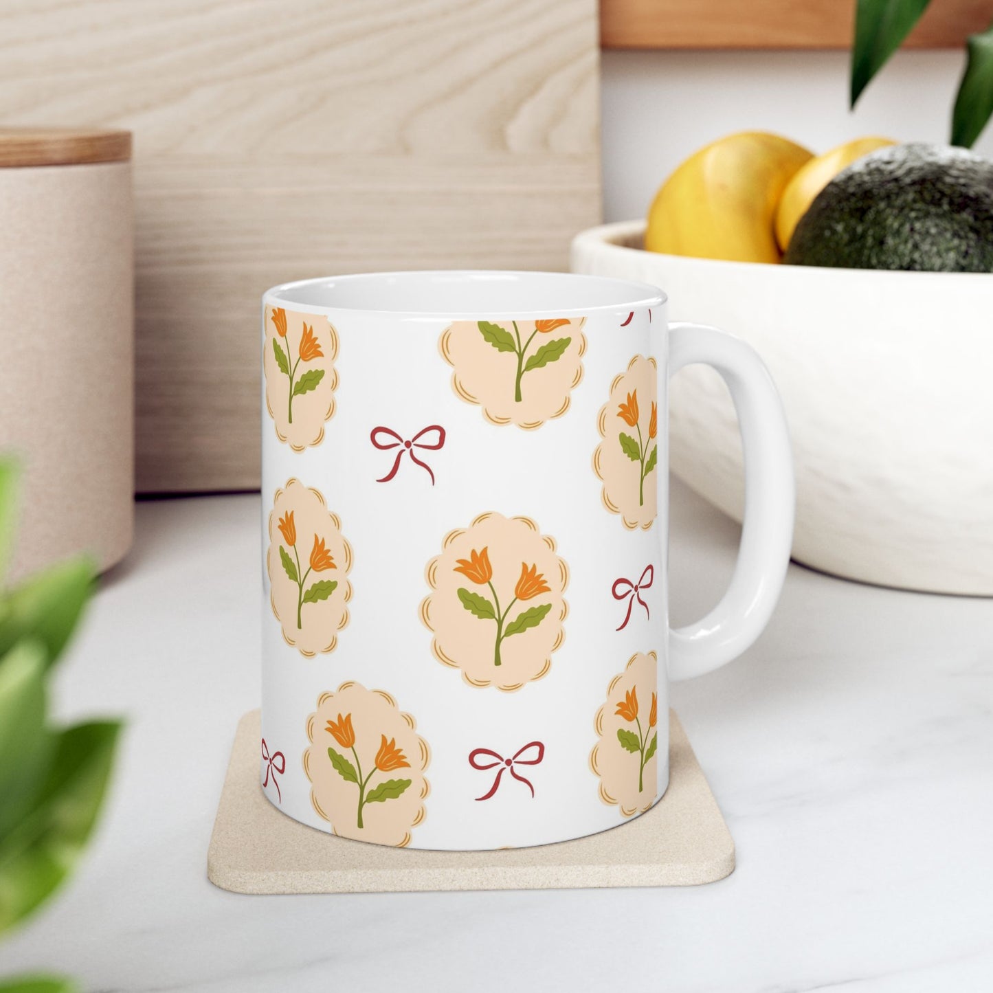 Floral Medallion Ceramic Mug — Vintage Orange Tulip Pattern (11oz & 15oz)