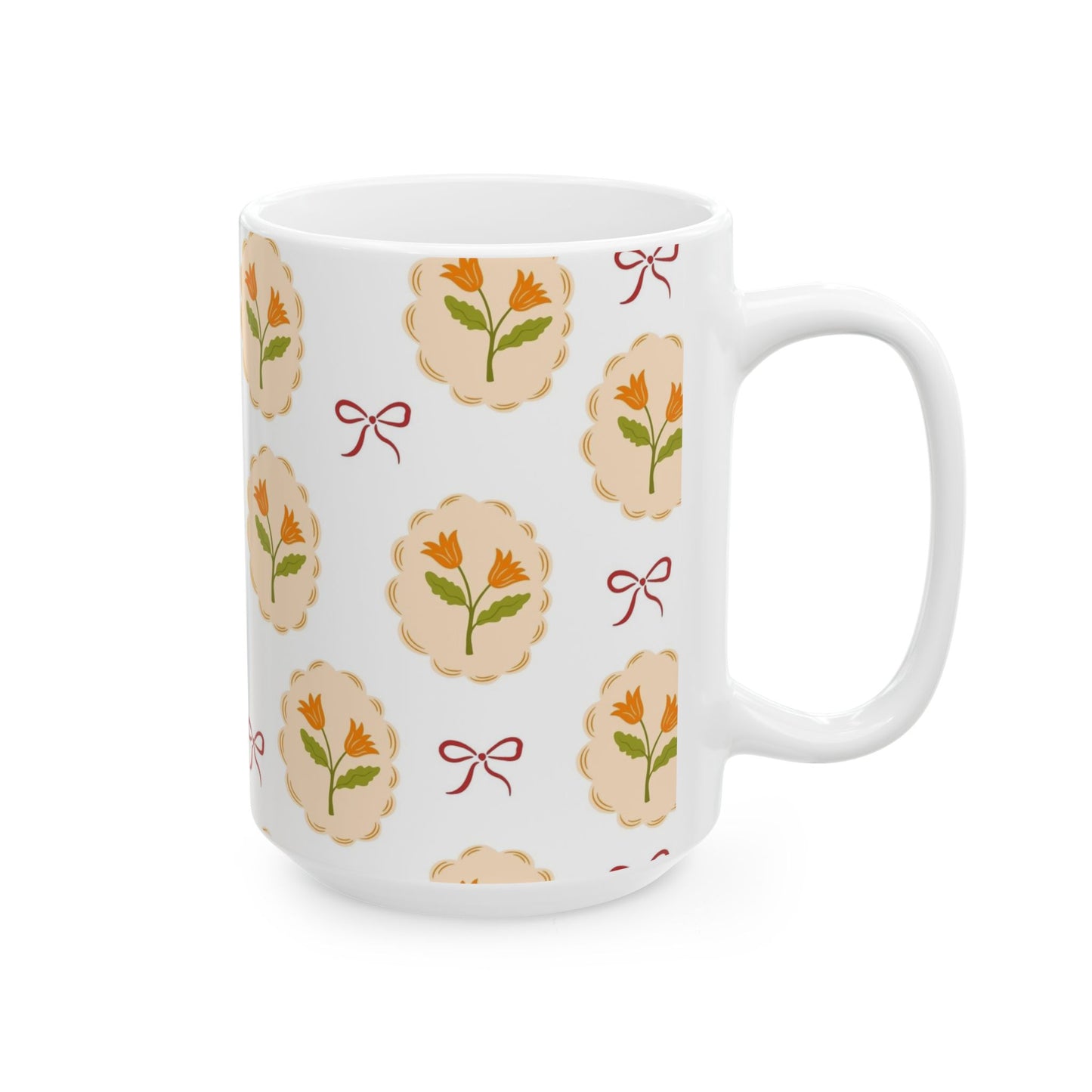 Floral Medallion Ceramic Mug — Vintage Orange Tulip Pattern (11oz & 15oz)