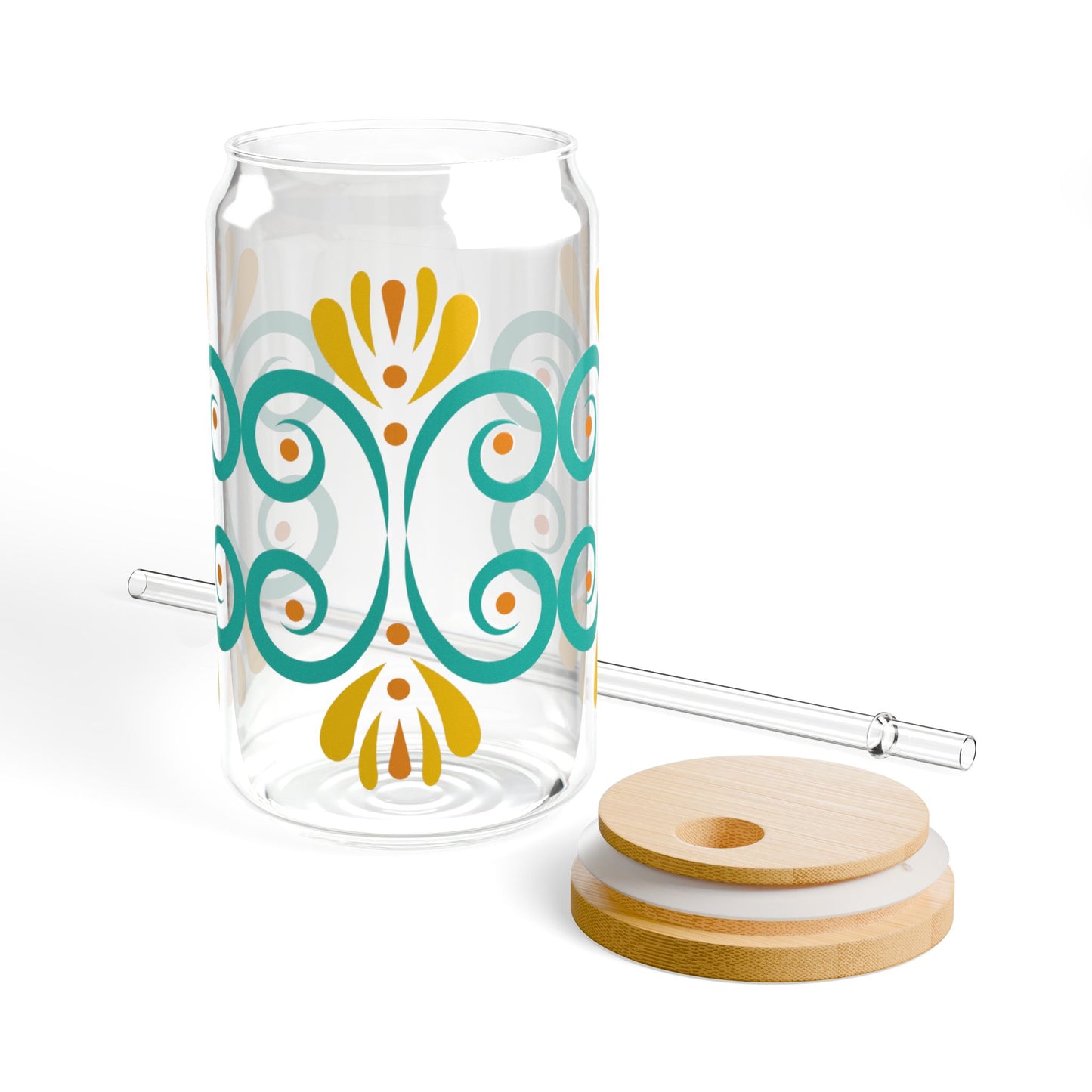 Turquoise Floral Glass Cup with Lid & Straw