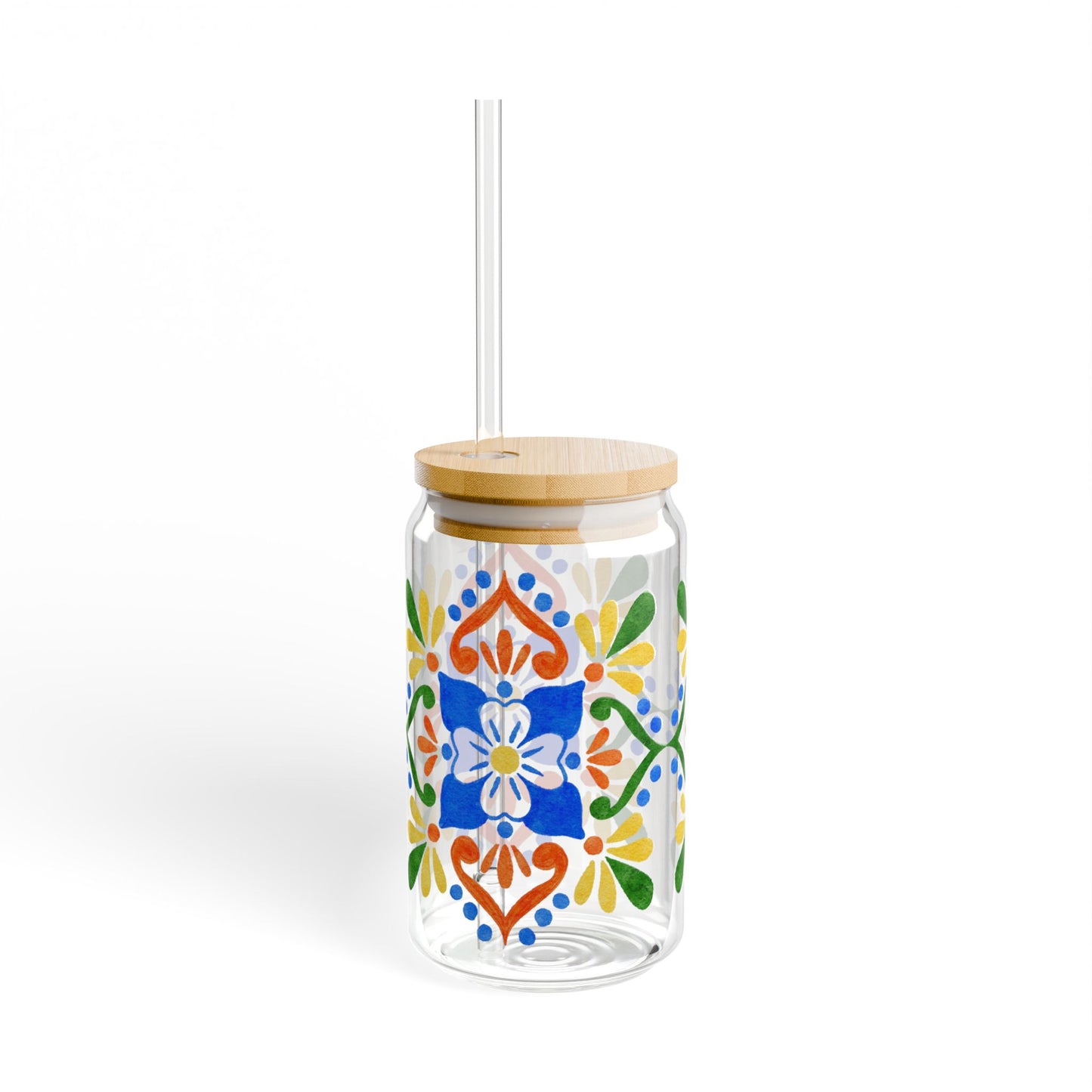 Colorful Mediterranean Floral Glass Cup with Lid & Straw