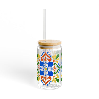 Colorful Mediterranean Floral Glass Cup with Lid & Straw