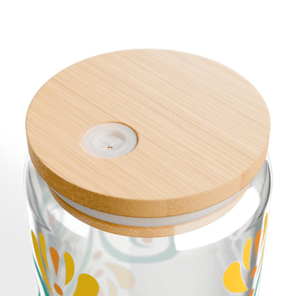 Turquoise Floral Glass Cup with Lid & Straw