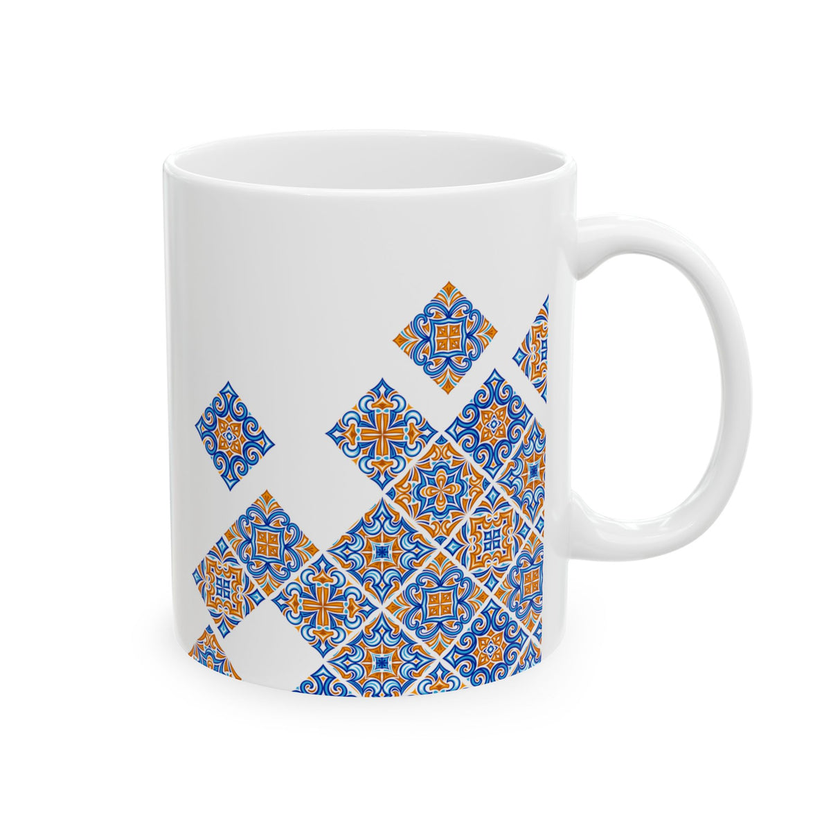 Ceramic Mug — Blue & Orange Moroccan Tile Pattern (11oz, 15oz)