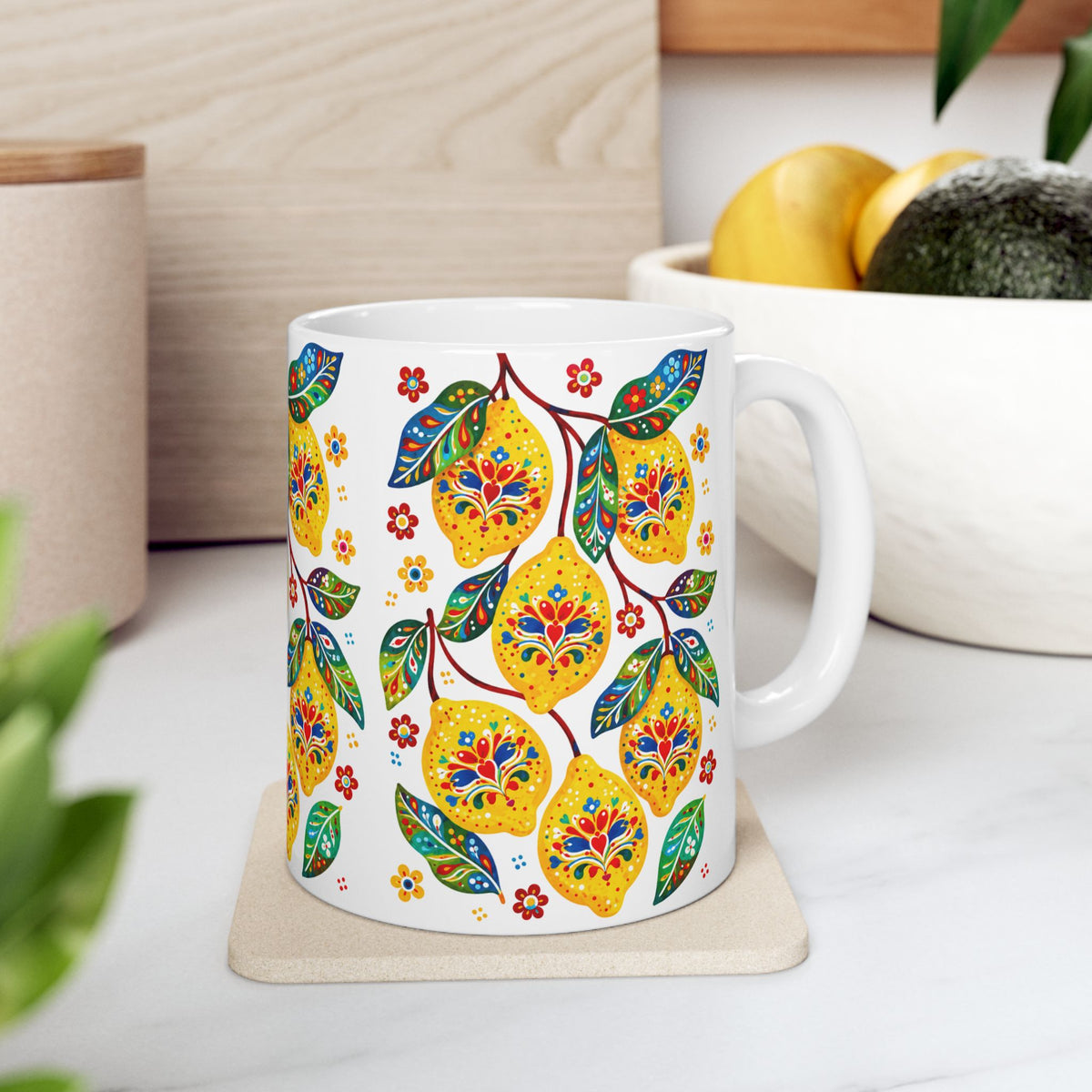 Lemon Blossom Ceramic Mug — Colorful Floral Fruit Pattern (11oz, 15oz)